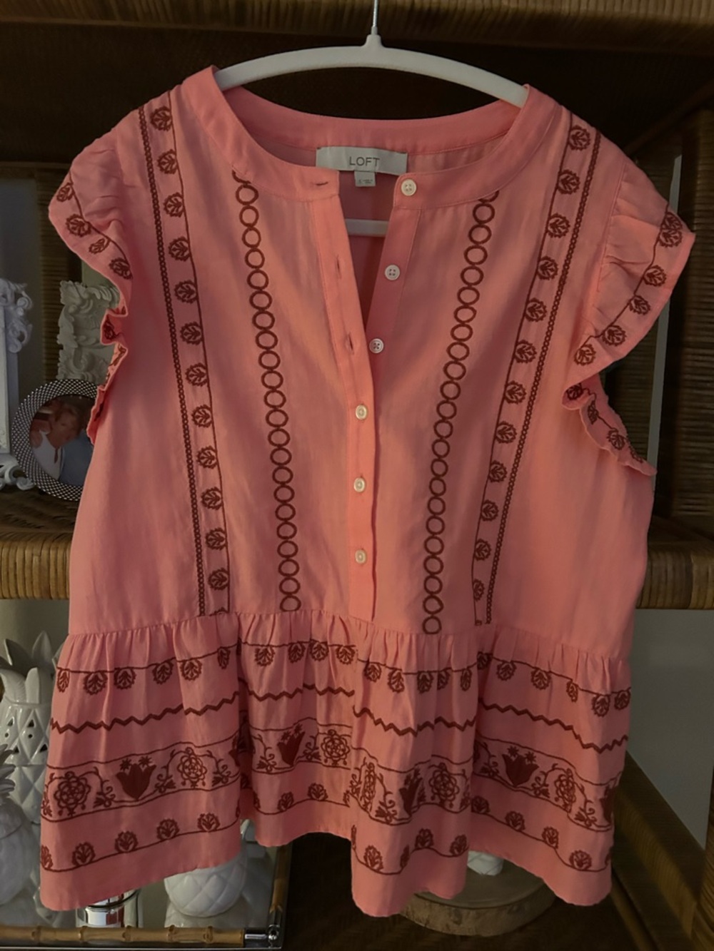 LOFT Coral Pink Embroidered Flutter Peplum Blouse